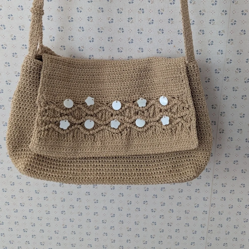 NWOT Beige Crochet Clutch Motherof Pearl Accents